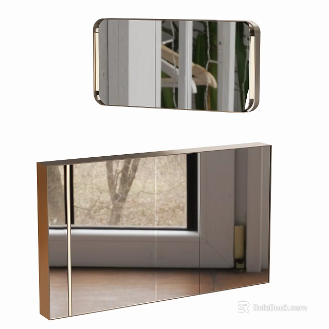Modern Rectangular Wall Mirror With Gold Frame Reflecting Window And Tree View 3d model 