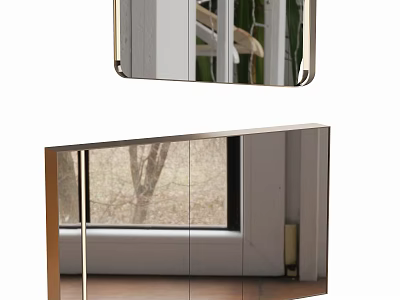 Modern Rectangular Wall Mirror With Gold Frame Reflecting Window And Tree View 3d model