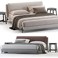 Modern Double Bed with Upholstered Headboard Pillows Blanket and Side Stools 3d model
