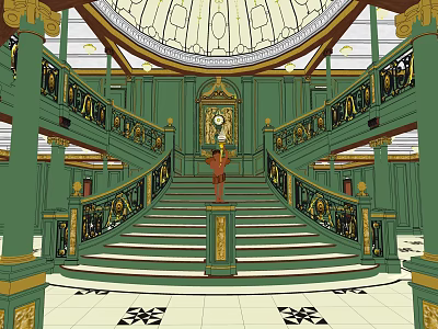 Elegant Hotel Lobby With Grand Staircase Green Walls And Golden Dome Ceiling 3d model