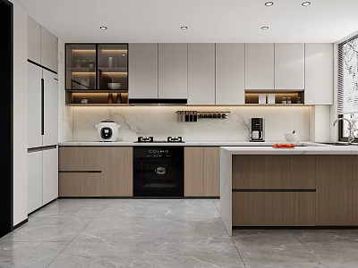 Modern Kitchen Interior Design With White Wooden Cabinets Island Countertop And Appliances 3d model