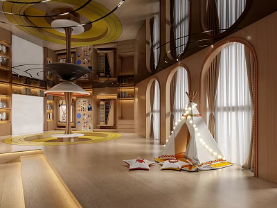 Modern School Interior With Teepee Star Decorations And Circular Wooden Space 3d model