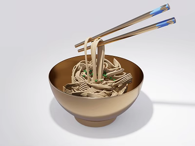 Delicious Noodles In Golden Bowl With Chopsticks Lifting Fresh Strands On White Background 3d model