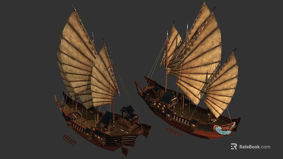 Two Traditional Wooden Boats With Large Sails And Ornate Wooden Hull Details 3d model 