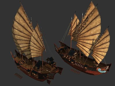Two Traditional Wooden Boats With Large Sails And Ornate Wooden Hull Details 3d model