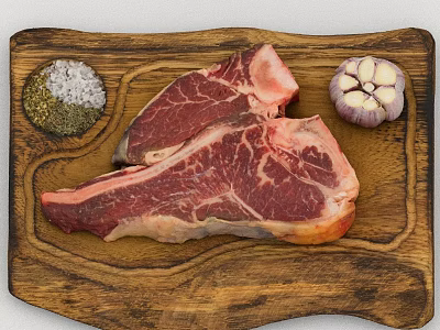 Fresh Raw T Bone Steak on Wooden Cutting Board with Salt Pepper and Garlic 3d model