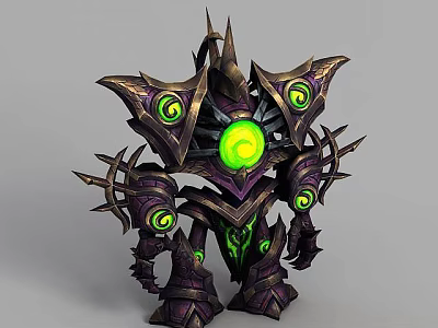 Tech Exhibition Hall Showcasing Futuristic Mechanical Structure With Green Glowing Core And Purple Armored Spikes 3d model