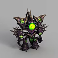 Tech Exhibition Hall Showcasing Futuristic Mechanical Structure With Green Glowing Core And Purple Armored Spikes