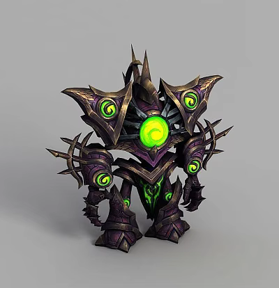 Tech Exhibition Hall Showcasing Futuristic Mechanical Structure With Green Glowing Core And Purple Armored Spikes 3d model