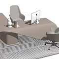 Modern Office Desk Design With Gray Office Chairs Table Lamp Books MacBook And Striped Rug 3d model