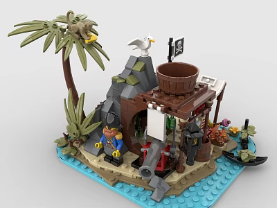 Lego Pirate Building Set Island Scene With Palm Tree Seagull Minifigures Cannon Hut Beach Water 3d model