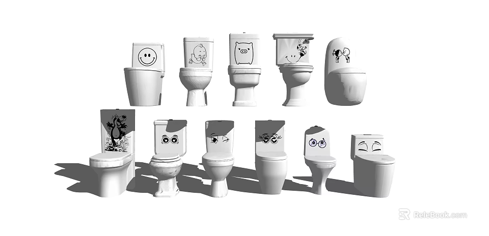 Various Stylish Toilets With Cartoon Face Designs And Different Expressions 3d model 
