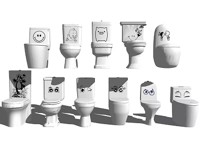 Various Stylish Toilets With Cartoon Face Designs And Different Expressions 3d model