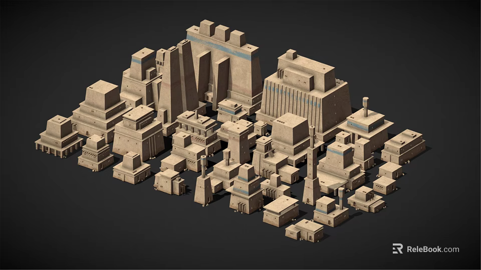 Cartoon Scene Of Ancient Stone Buildings With 3D Pyramids Temples Dense Earth Yellow Models 3d model 