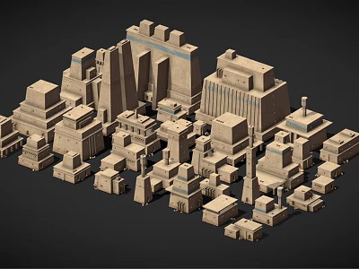 Cartoon Scene Of Ancient Stone Buildings With 3D Pyramids Temples Dense Earth Yellow Models 3d model