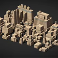 Cartoon Scene Of Ancient Stone Buildings With 3D Pyramids Temples Dense Earth Yellow Models