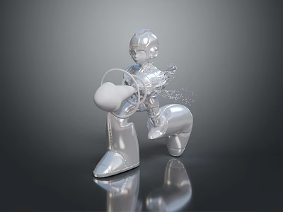 Silver Metallic Humanoid Robot Holding Circular Object With Floating Particles On Dark Reflective Surface 3d model