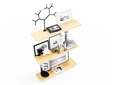 Wooden Wall Cabinets With Multiple Shelves Holding Photo Frames And Decorative Ornaments 3d model