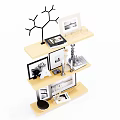Wooden Wall Cabinets With Multiple Shelves Holding Photo Frames And Decorative Ornaments