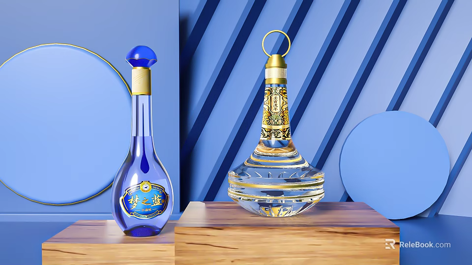 Elegant Blue And Transparent Liquor Bottles With Gold Decorations On Wooden Stand And Blue Background 3d model 