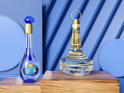 Elegant Blue And Transparent Liquor Bottles With Gold Decorations On Wooden Stand And Blue Background 3d model