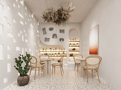 Minimalist White Boutique Interior With Table Chairs Potted Plant And Decorative Shelves 3d model