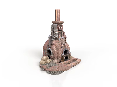 Brick Built Small Building Model With Copper Chimney Arched Openings And Stone Base 3d model