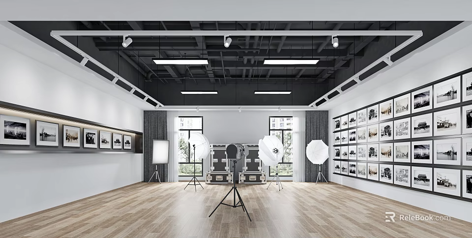 Professional Photography Studio With Softboxes Tripod Wooden Floor And Black Ceiling Lights 3d model 