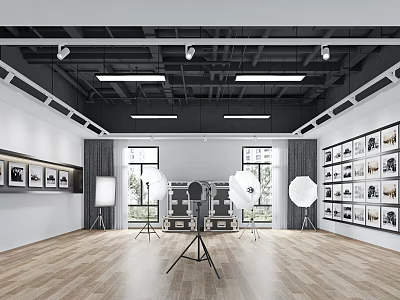 Professional Photography Studio With Softboxes Tripod Wooden Floor And Black Ceiling Lights 3d model