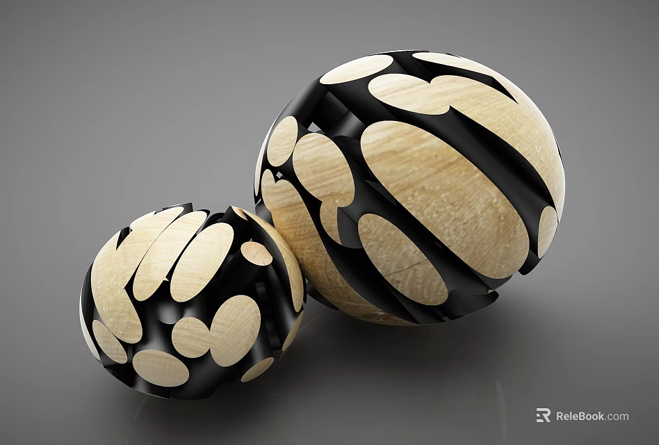 Decorative Ornament Set With Two Spherical Pieces Large And Small Sizes Black Beige Wooden Patterns 3d model 