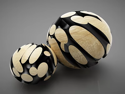 Decorative Ornament Set With Two Spherical Pieces Large And Small Sizes Black Beige Wooden Patterns 3d model