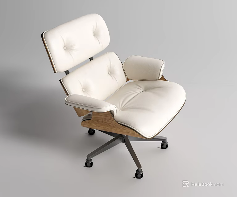Button Tufted White Office Chair With Wooden Arms Metal Base And Casters 3d model 