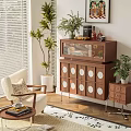 Home Balcony Interior With Window Blinds Large Plants Brown Cabinet White Chair And Rug
