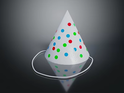 White Cone Party Hat With Colorful Polka Dots Red Green Blue White String Band Reflection 3d model