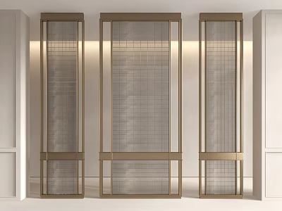 Modern Interior Glass Partitions With Golden Frame Grid Design And White Walls 3d model