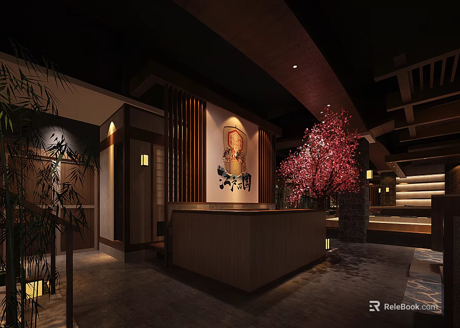 Japanese Style Restaurant Interior With Wooden Reception Counter And Red Decorative Tree 3d model 