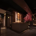 Japanese Style Restaurant Interior With Wooden Reception Counter And Red Decorative Tree