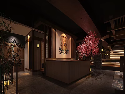 Japanese Style Restaurant Interior With Wooden Reception Counter And Red Decorative Tree 3d model