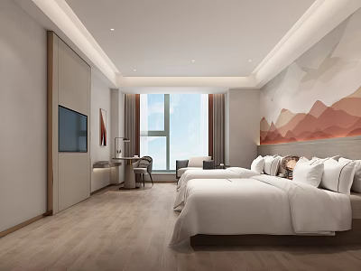Hotel Guest Room Interior Featuring White Beds Wooden Flooring TV Window And Mountain Wall Art 3d model