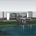 Modern Waterfront Boutique Hotel Building With Large Glass Windows Wooden Deck And Surrounding Trees