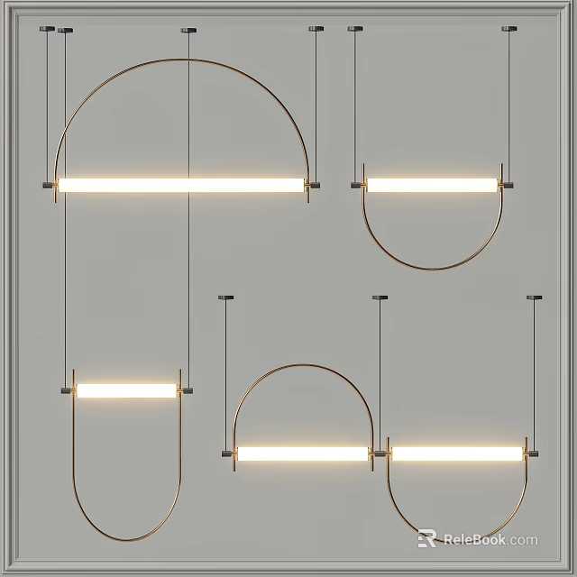 Modern Minimalist Chandelier Design With Circular Metallic Rings And Linear Lights 3d model 