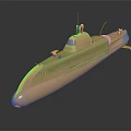 Golden Submarine Model As Water Transport With Shiny Surface And Dark Background