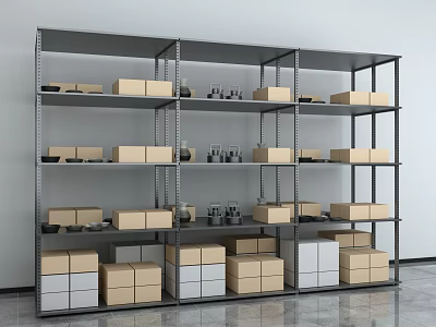 Metal Display Shelving Unit With Multi Tiered Racks Holding Brown Cardboard And White Storage Boxes 3d model