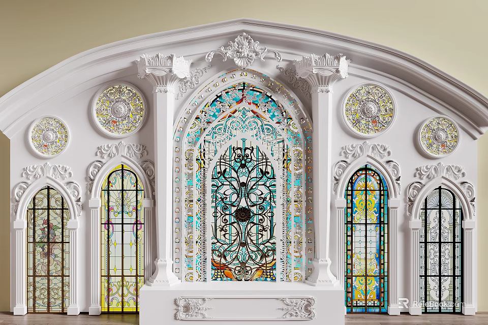 Stunning Floor to Ceiling Window with Stained Glass Arched Design and Ornate Frames 3d model 