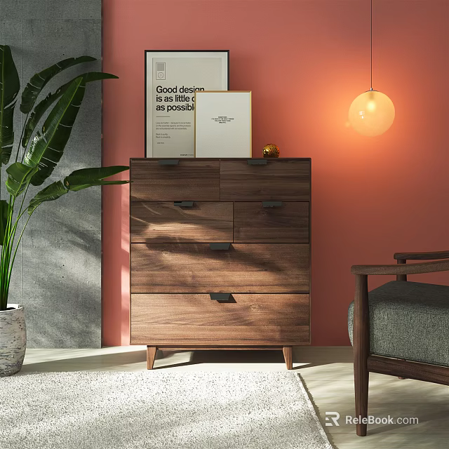 Modern Wooden Console Cabinet With Drawers Books Green Plant And Pink Wall 3d model 