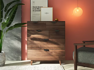 Modern Wooden Console Cabinet With Drawers Books Green Plant And Pink Wall 3d model