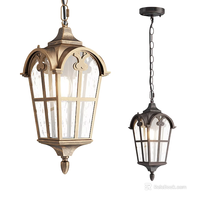 Vintage Pendant Lights With Ornate Metal Frame And Clear Glass Panels 3d model 