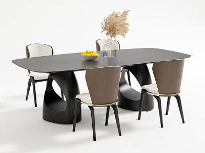 Modern Black Oval Dining Table Set With Brown Beige Chairs Glass Vase And Fruit Bowl 3d model
