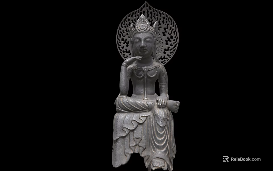 Sculpture Carving Of Seated Buddha Figure With Intricate Carved Backrest And Detailed Robe Patterns 3d model 