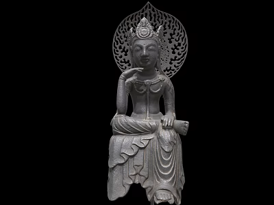 Sculpture Carving Of Seated Buddha Figure With Intricate Carved Backrest And Detailed Robe Patterns 3d model